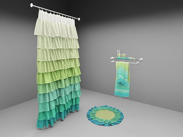 Shower curtain, rug and accessories 3d rendering