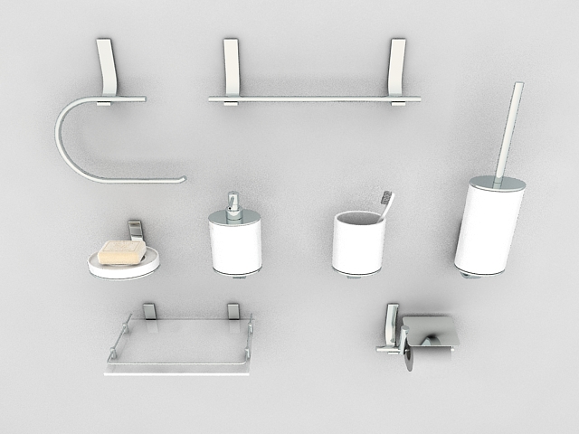 Chrome bathroom accessories set 3d rendering