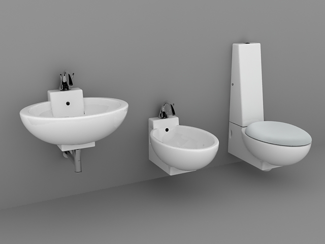 Wall mounted toilet bidet and sink 3d rendering