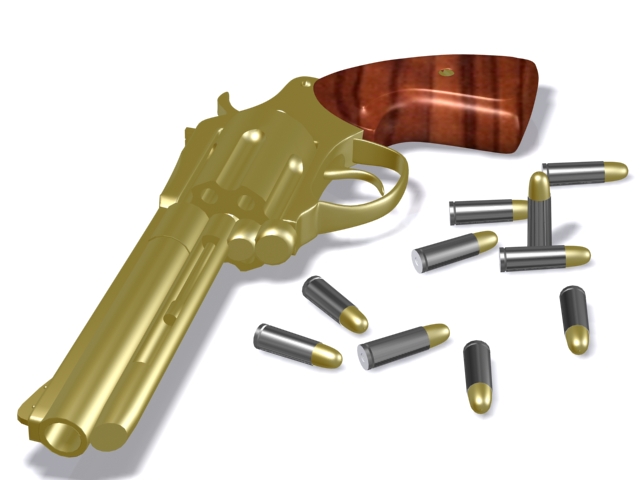 Revolver with bullets 3d rendering