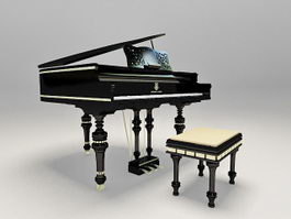 Black piano with stool 3d model preview