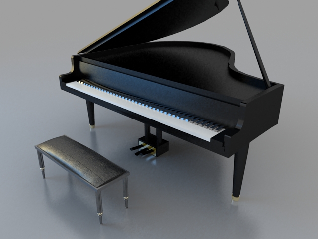 Black grand piano with stool 3d rendering