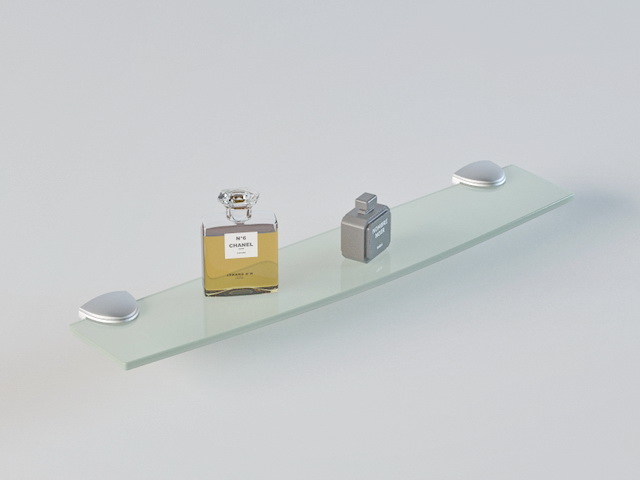 Glass bathroom shelf with perfume 3d rendering