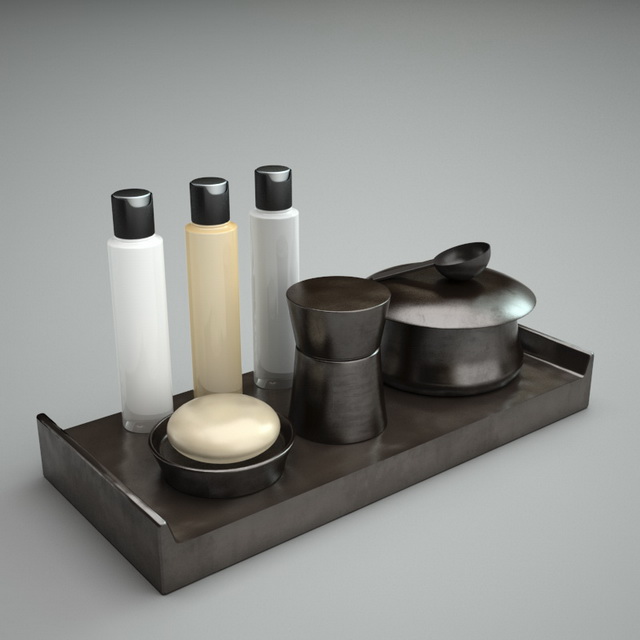 Black bathroom accessories sets 3d rendering