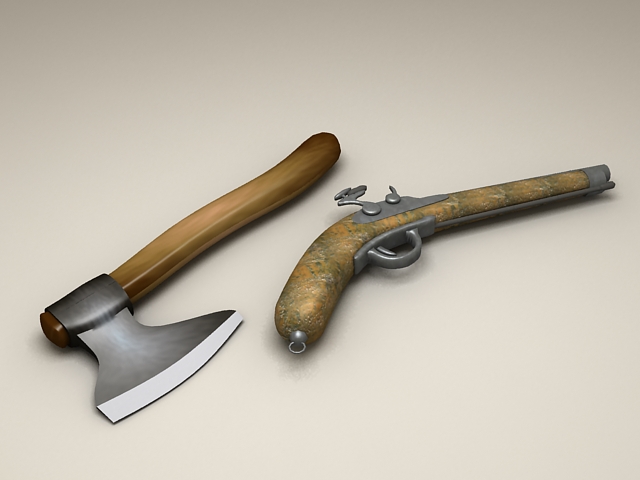 Gun and Axe 3d rendering