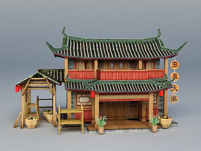Ancient Chinese Herbal Medicine Shop 3d rendering