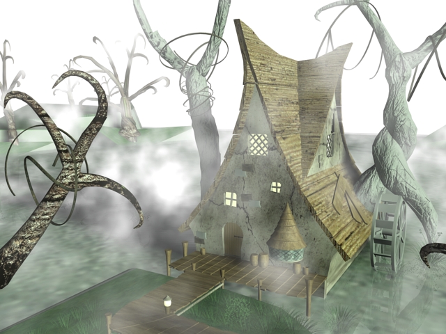 Scary Haunted House Pond 3d rendering