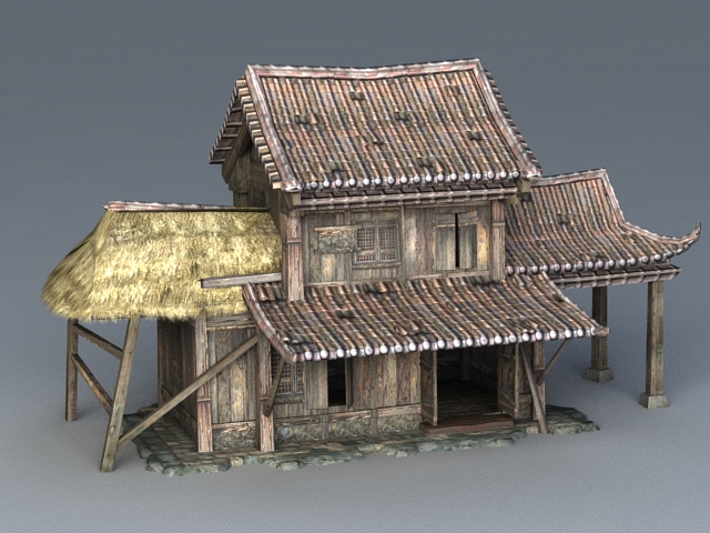 Ancient Chinese Wooden House 3d rendering