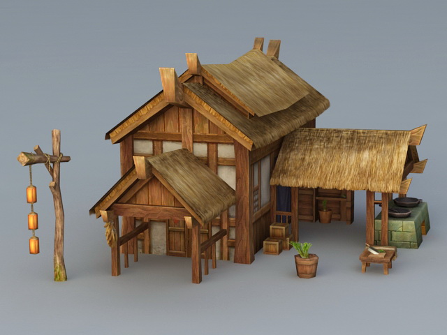 Ancient Village Thatched House 3d rendering