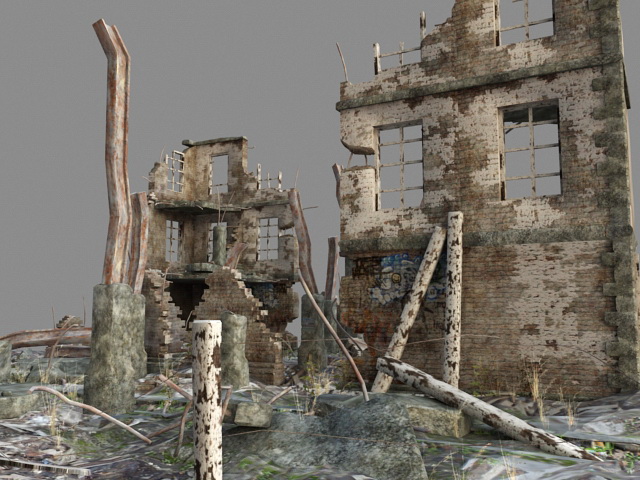 War Zone Ruined buildings 3d rendering