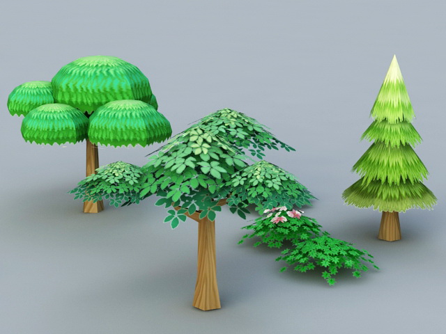 Cartoon Trees and Shrubs 3d rendering