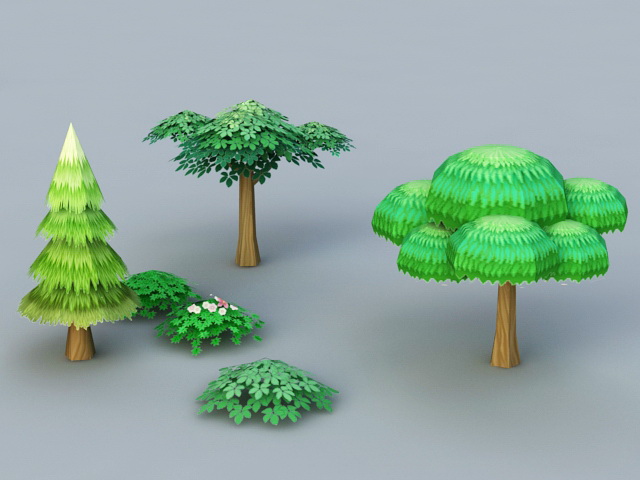 Cartoon Trees and Shrubs 3d rendering