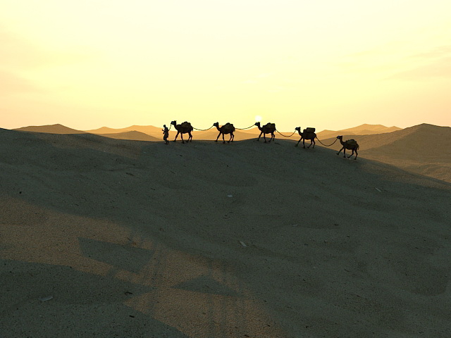 Camel Caravan In Desert Sunset 3d rendering