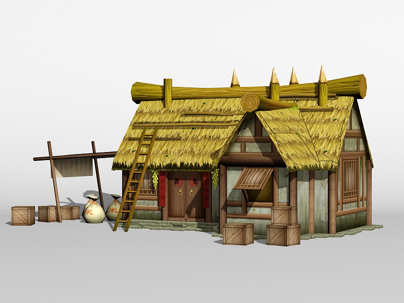Ancient Chinese Thatched Farmhouse 3d rendering