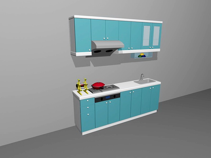 Small Apartment Kitchen Units Blue 3d rendering