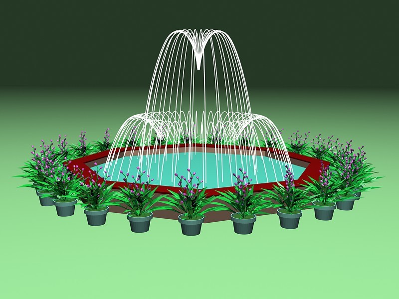 Patio Fountain with Potted Plant 3d rendering