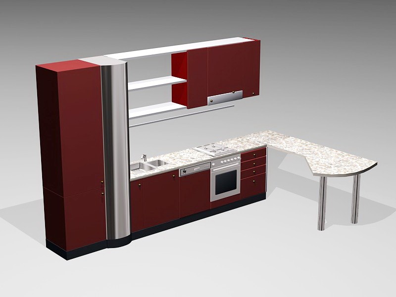 Modern Red Kitchen Design 3d rendering