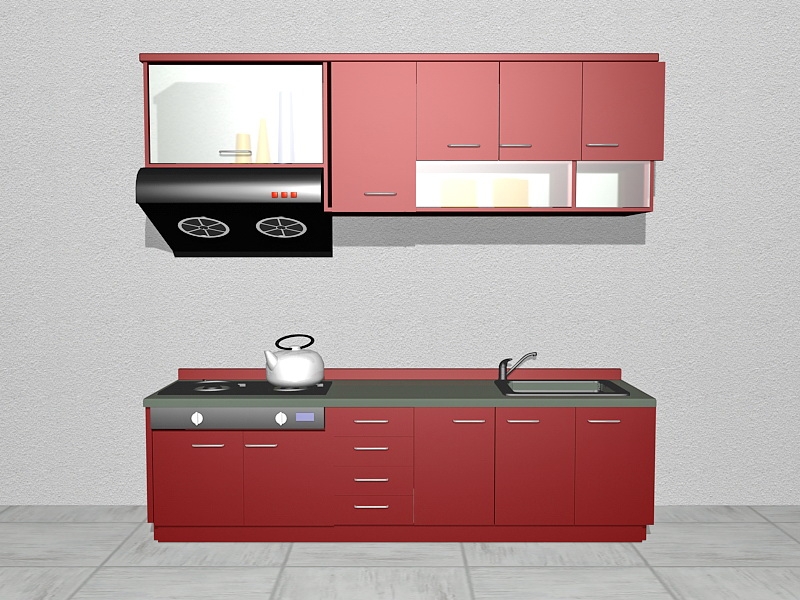 Small Apartment Red Kitchen Design 3d rendering