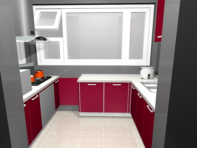 Small Red Kitchen Ideas 3d rendering