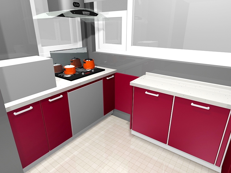 Small Red Kitchen Ideas 3d rendering