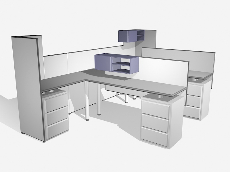 2 Person Cubicle Desk with Drawers 3d rendering