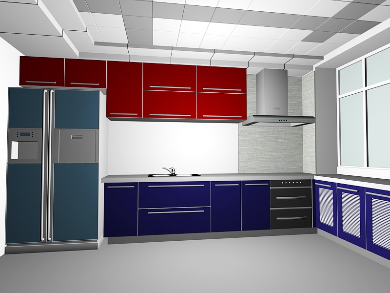 Red and Blue Kitchen Design Ideas 3d rendering