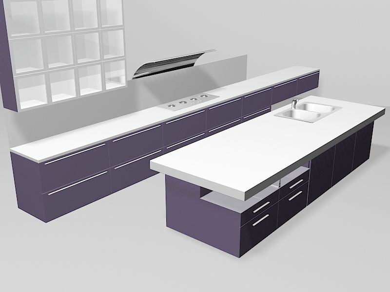 Purple Kitchen Cabinets with Island 3d rendering