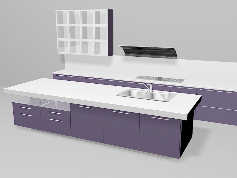 Purple Kitchen Cabinets with Island 3d rendering