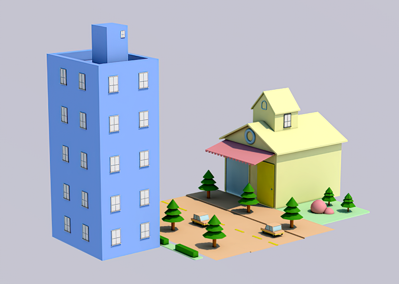 City Street with Buildings Cartoon 3d rendering