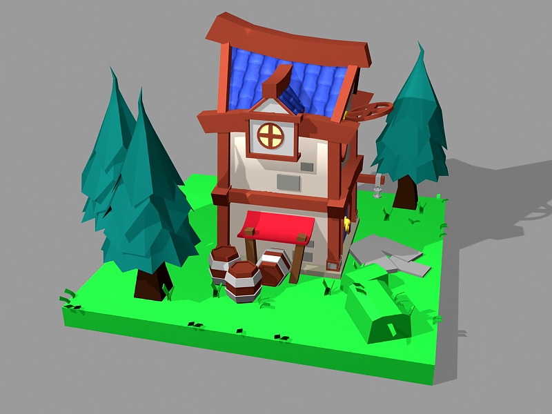 Cartoon Trees and House 3d rendering