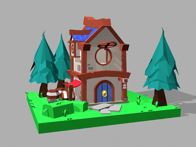 Cartoon Trees and House 3d rendering