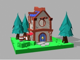 Cartoon Trees and House 3d model preview