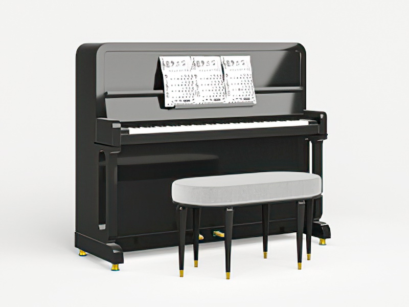 Black Upright Piano with Bench 3d rendering