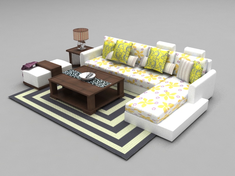 White Fabric Living Room Furniture Set 3d rendering